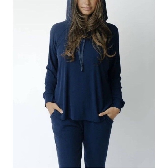 Cozy Earth Womens Bamboo Rib Knit SET Hoodie Wide Leg Pants Size S/M Navy Blue - Picture 2 of 16